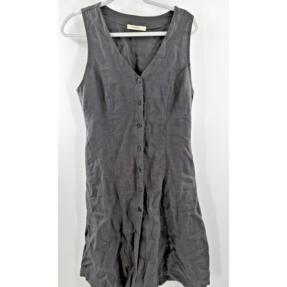 Filosofia Linen Midi Dress Sleeveless Button Down S Gray Womens Lagenlook USA